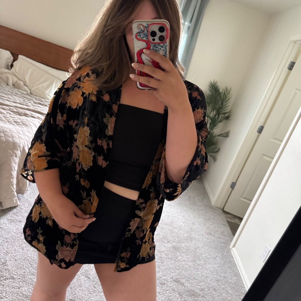 Boho Floral Burnout Velvet Kimono Shawl Unbranded Open Cardigan OS Black Yellow
